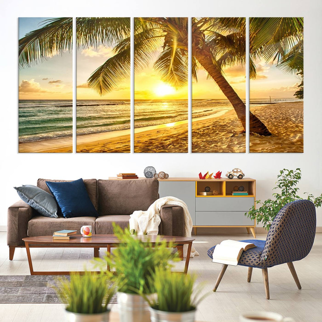 Wall Art Canvas Print Palm on Beach at Bright Sunset