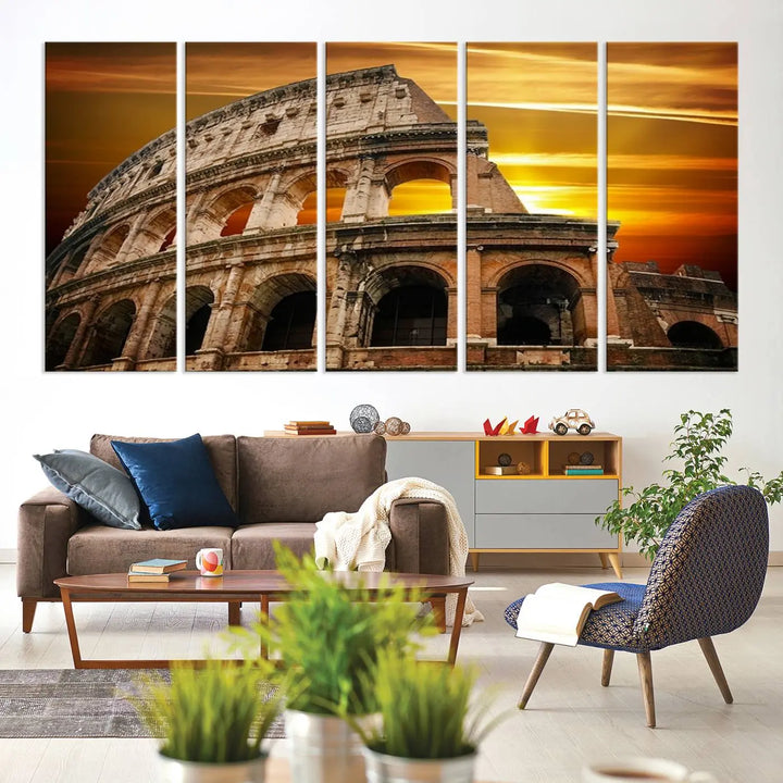 A three-panel canvas titled "Colosseum with Yellow Sunset Behind, Italy," protected with a UV-coating, is elegantly displayed.