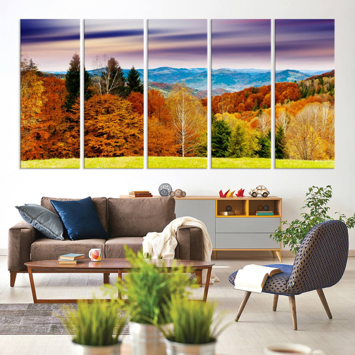 Autumn Colorful Forest Blue Mountains and Purple Sky at Sunset Wall Art Canvas Print