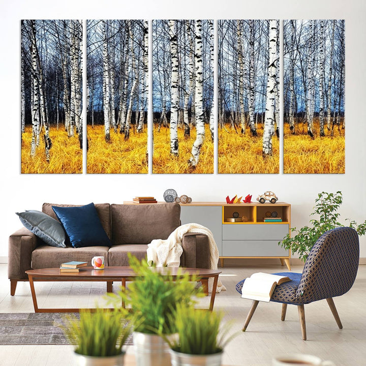 Impression d’art mural de bouleaux, art mural paysage, impression sur toile, arbres sans feuilles sur fond jaune