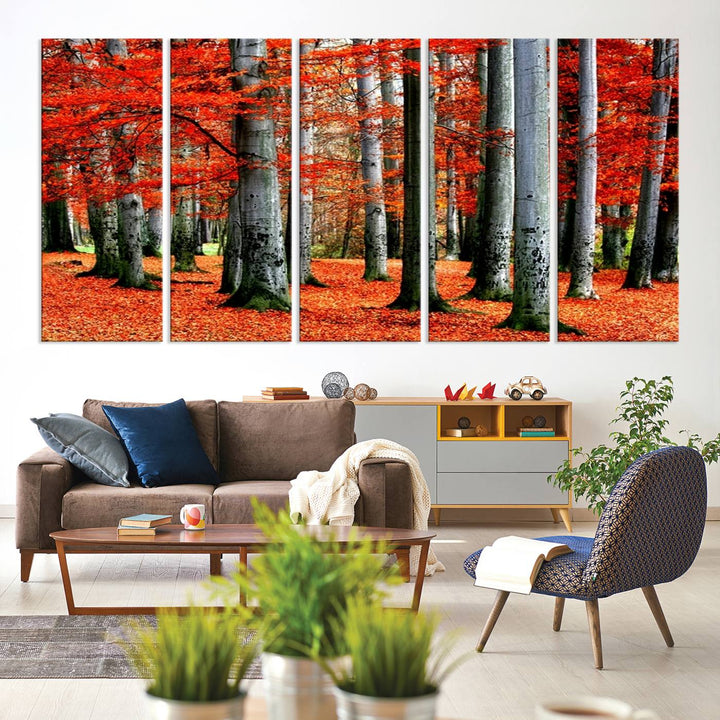 Impression sur toile de paysage d'art mural, feuilles rouges sur des arbres sur fond rouge