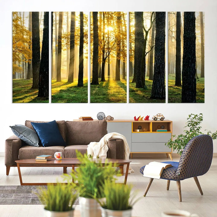 The living room is enhanced by the "Wall Art Landscape Canvas Print Tall Trees in Forest at Sunset" on museum-quality canvas. This triptych, complete with a UV-protective coating, is ready to hang and adds an artistic touch to the space.