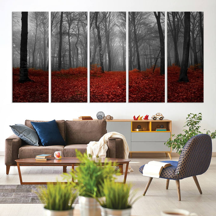 Impression sur toile de paysage d'art mural, forêt merveilleuse avec des feuilles rouges au sol