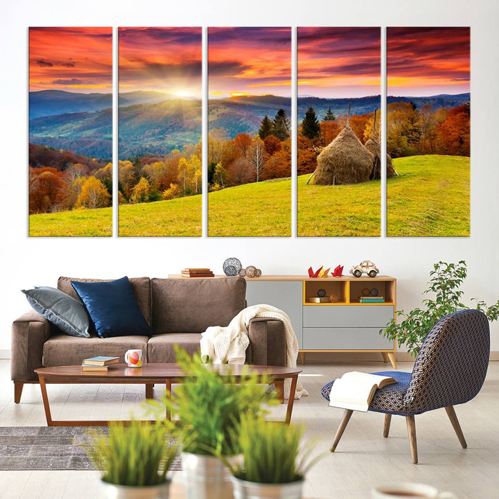 Impression sur toile de paysage d'art mural, tous les tons de vert au coucher du soleil