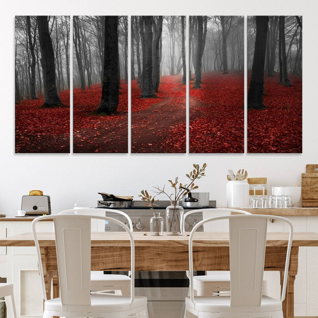 Wonderful Forest artwork: Triptych with red leaves, ideal for nature lovers.