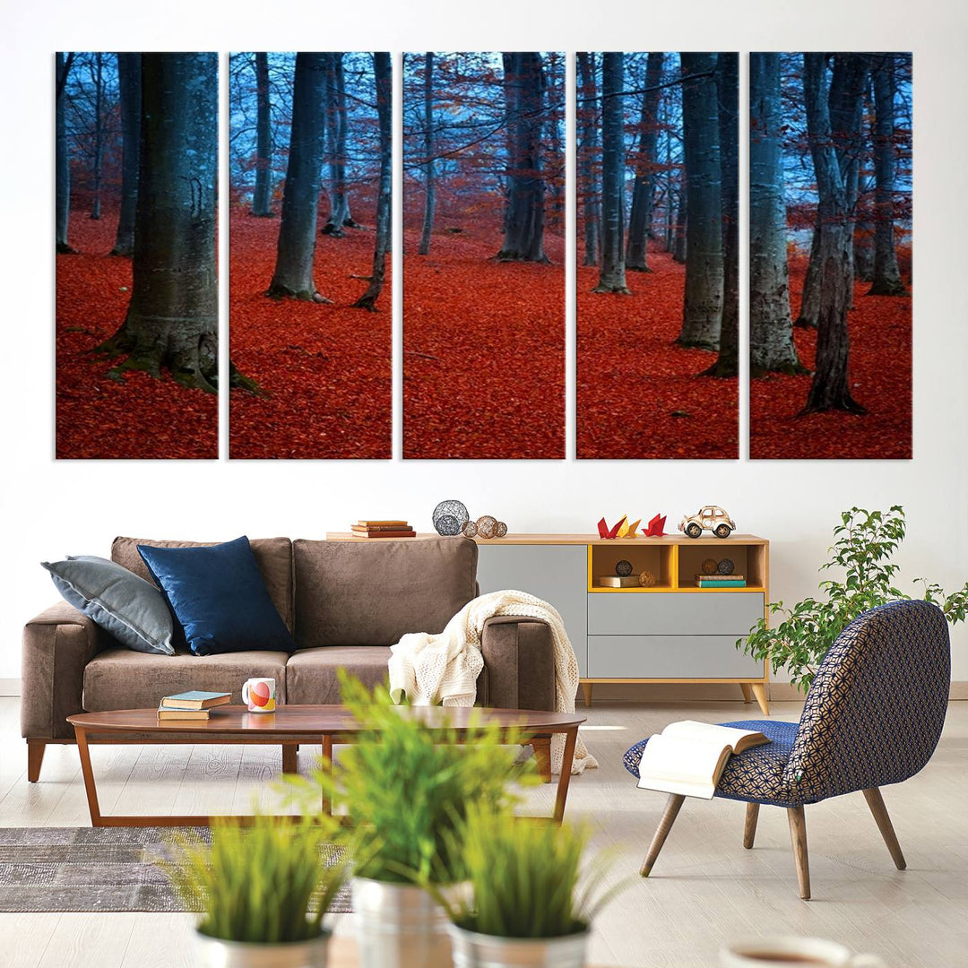 Impression sur toile de paysage d'art mural, feuilles rouges dans la forêt bleue