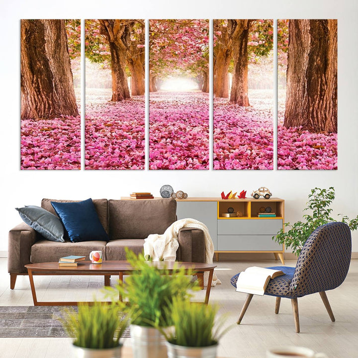 Blossom Cherry Canvas Print Walking on Pink Flowers Between Trees