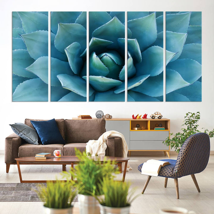 A stunning Large Agave Succulent Canvas Wall Art, a botanical close-up print perfect for modern living rooms, hangs prominently.