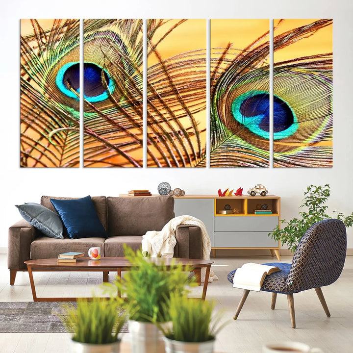 The Peacock Feather Wall Art Print, showcasing a vibrant green, blue, and orange feather design and ready to hang, adorns the space.