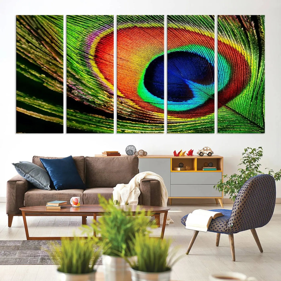 The living room features the "Colorful Peacock Feather Wall Art Print," showcasing a vibrant green, blue, and orange design elegantly displayed above a modern sofa.