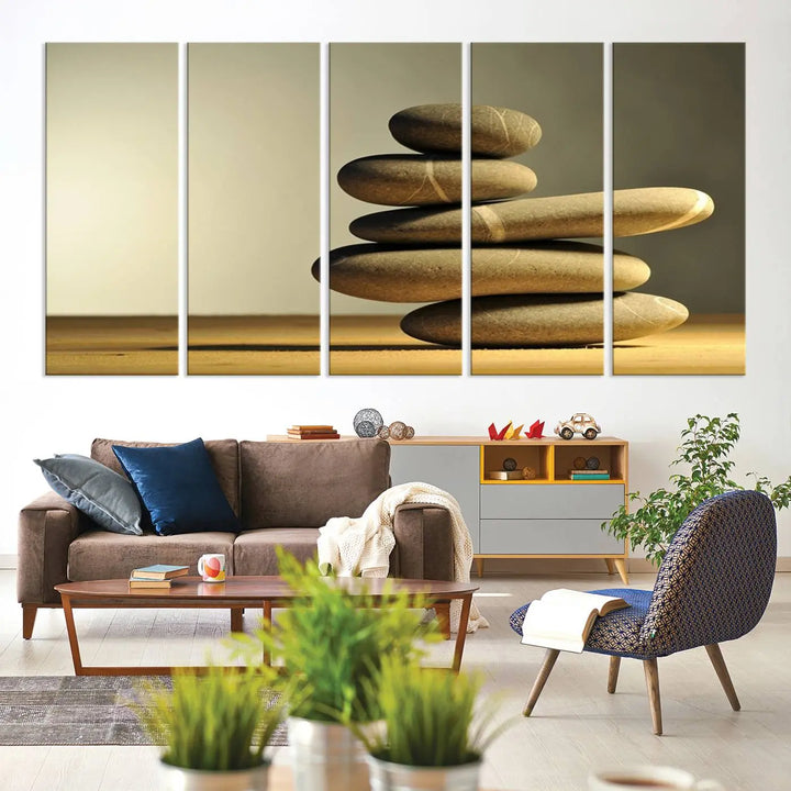 The "Yellow Zen Stones on Yellow Background Wall Art Yoga Zen Artwork," a professionally hand-assembled framed photo with UV-protective coating, is displayed on the wall.