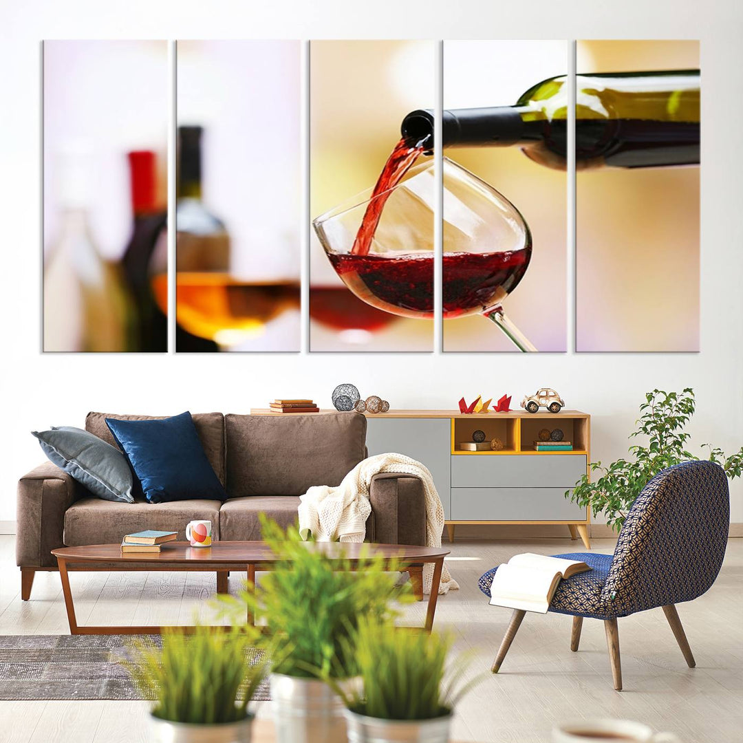 The Filling Red Wine into Glass Red Wine Canvas Print showcases a wine bottle pouring red wine into a glass. This scene, captured on museum-quality canvas, promises timeless elegance and comes with free shipping for effortless delivery to your doorstep.