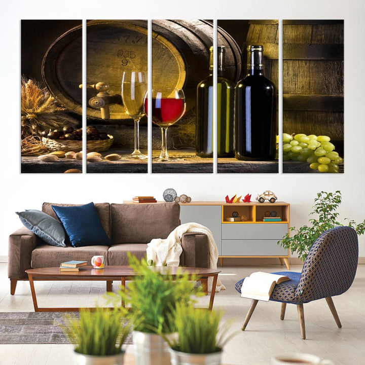 Explore the "Wall Art Red and White Wine with Bottles and Tun Canvas Print," a triptych on gallery-wrapped, museum-quality canvas. Featuring a wine barrel, bottles, and a glass of red wine, it includes a UV-protective coating for lasting vibrancy.