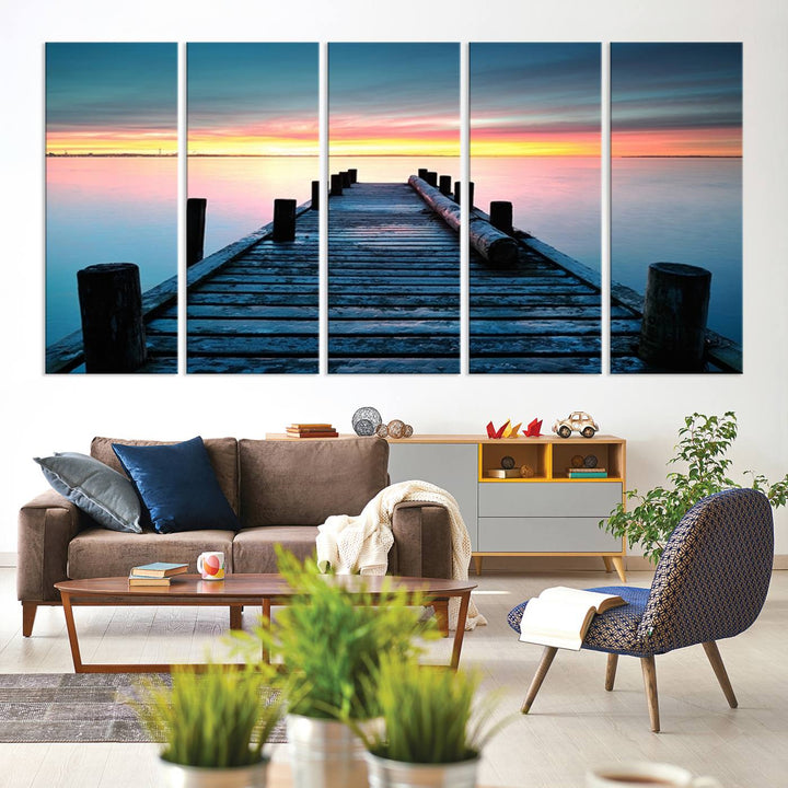 Wall Art Vintage Wooden Pier on Sea at Sunset Canvas Print