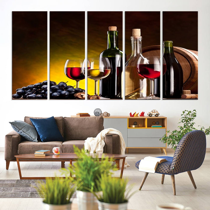 The "Red and White Wine Canvas Print" is a multi-panel design displaying bottles and glasses, adding a professional craftsman's touch to the living room.