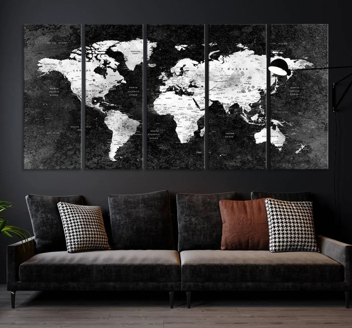 Modern Grayscale World Map 3-Panel Canvas Art | Ready to Hang, Framed | Stylish Minimalist Wall Décor for Home, Office, Living Room, or Study Spaces 