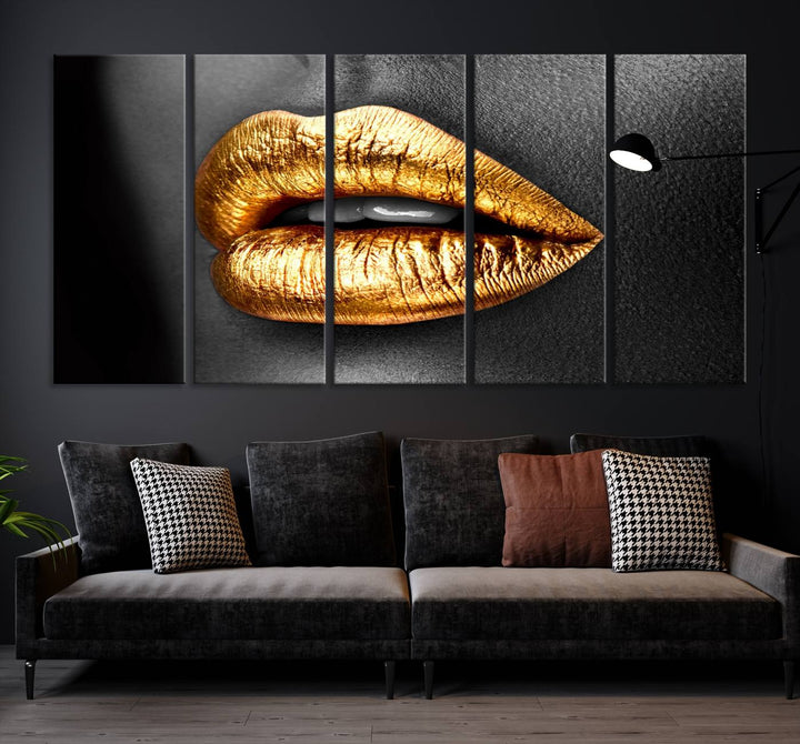 Gold Lips Canvas Wall Art Print Makeup Wall Art Fashion Beauty Canvas Print