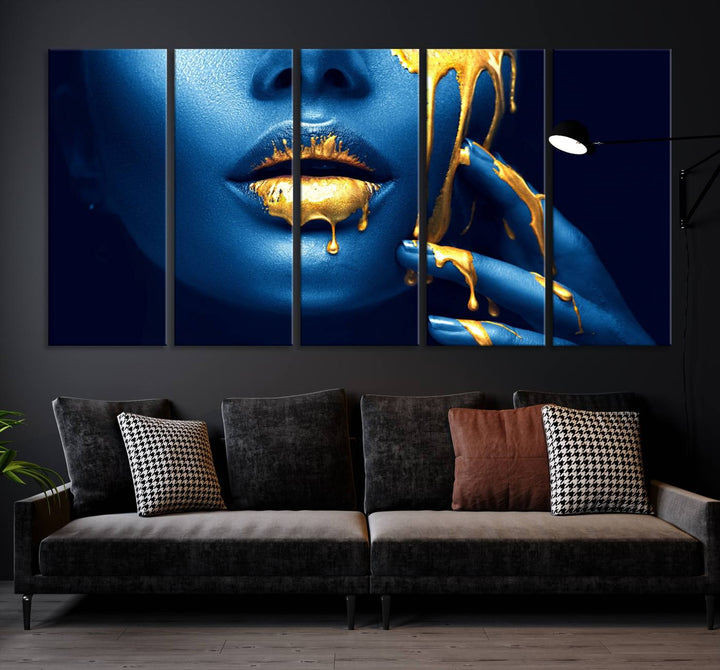 Neón Azul Oro Labios Sensual Fotografía Lienzo Pared Arte Impresión Moda Arte Belleza