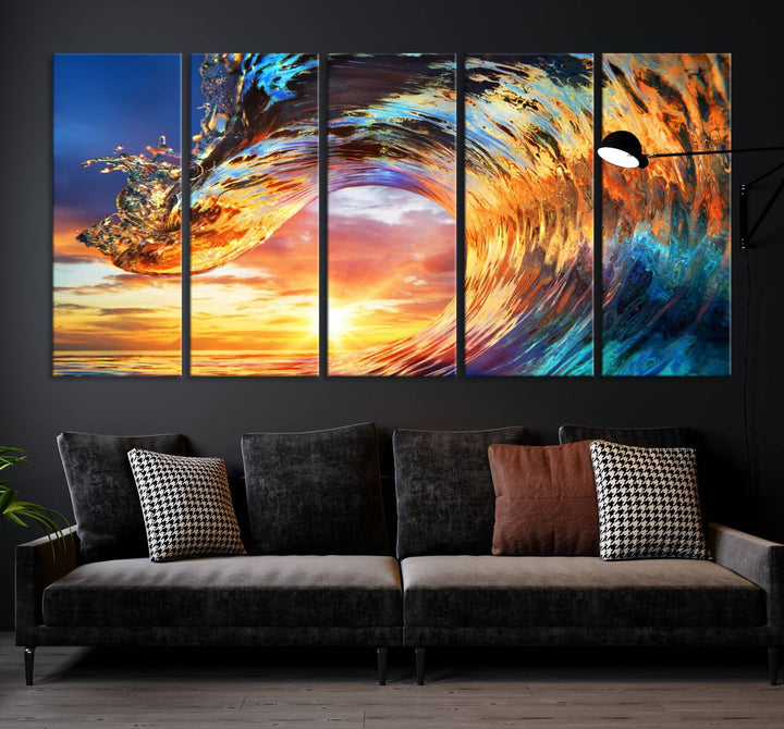 Lienzo decorativo para pared, diseño de olas, rizos, puesta de sol y océano