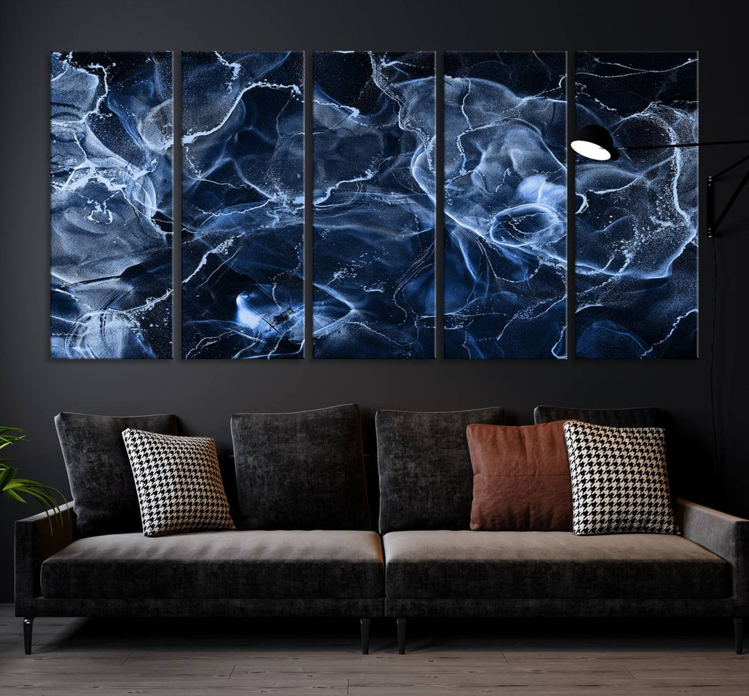 Arte de pared grande con efecto ahumado de mármol azul, lienzo abstracto moderno, impresión artística de pared