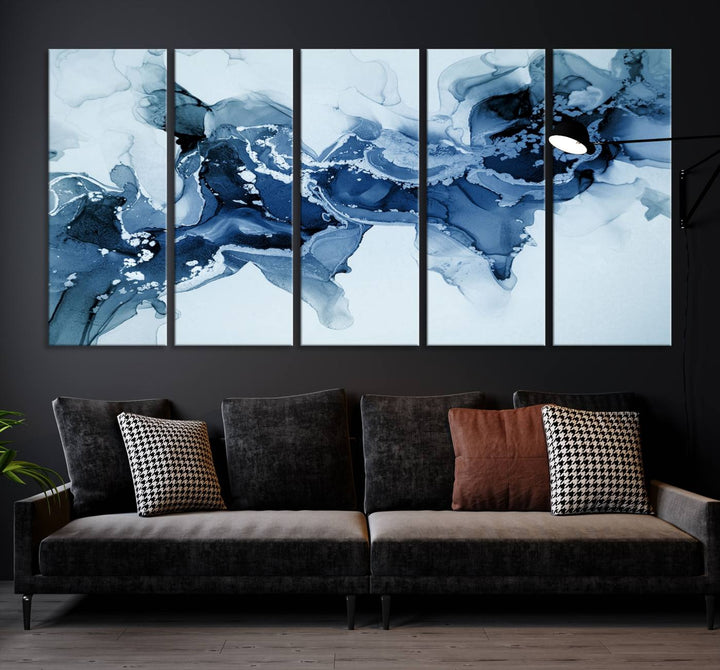 Arte de pared grande con efecto fluido de mármol azul hielo, lienzo abstracto moderno, impresión artística de pared