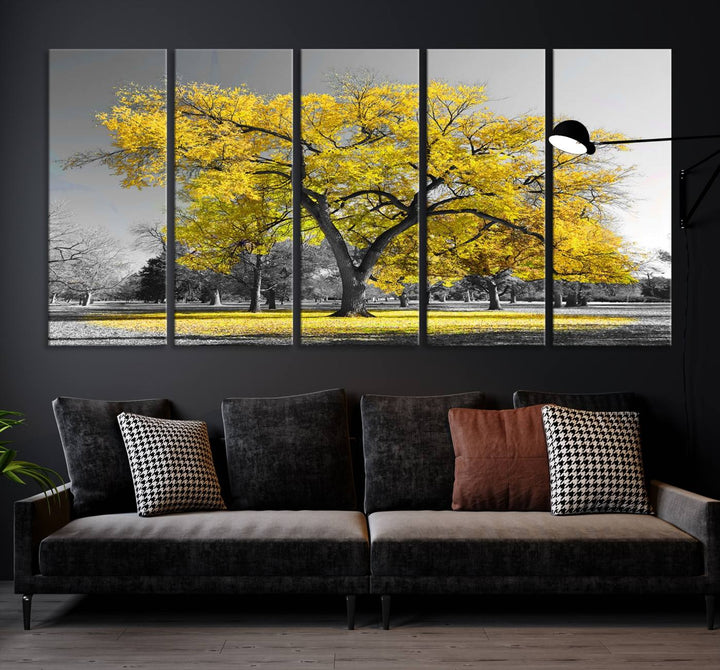 Toile murale avec grand arbre jaune, impression d'art, noir, blanc, jaune, peinture artistique