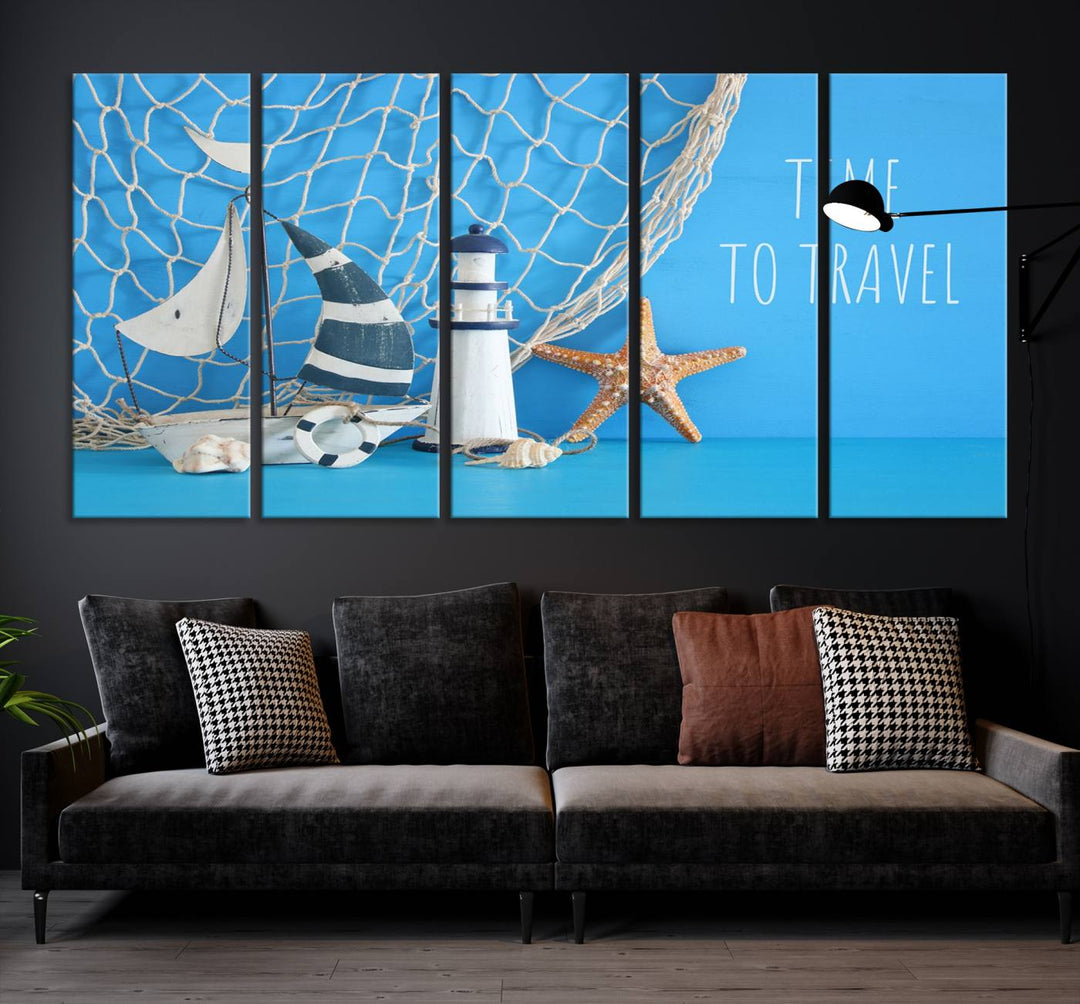 Sailing Boat Starfish and Lighthouse Wall Art Canvas Print