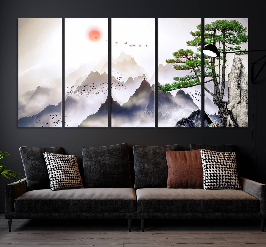 Japanese Tree Mountain Wall Art Canvas Print