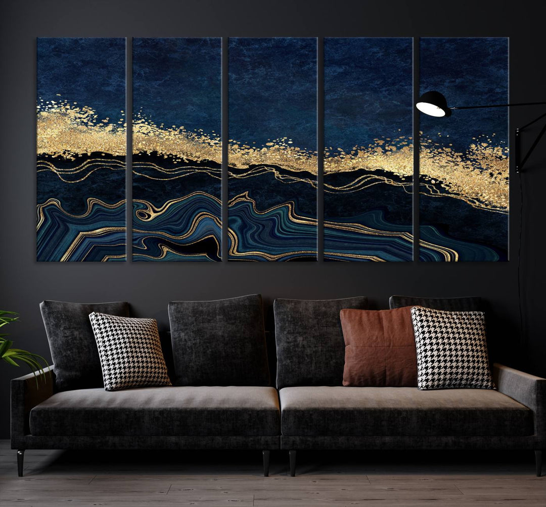 Navy Blue Marble Fluid Effect Large Wall Art Modern Abstract Canvas Wall Art Print