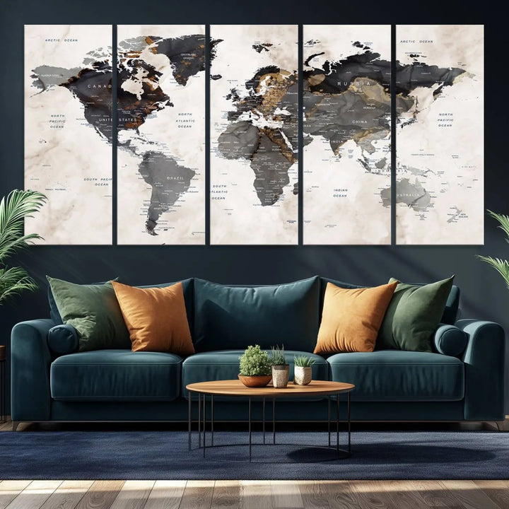 The dining room wall is adorned with the World Map Canvas Print – Earthy Triptych Wall Art, a vintage global map decor featuring dark continents.