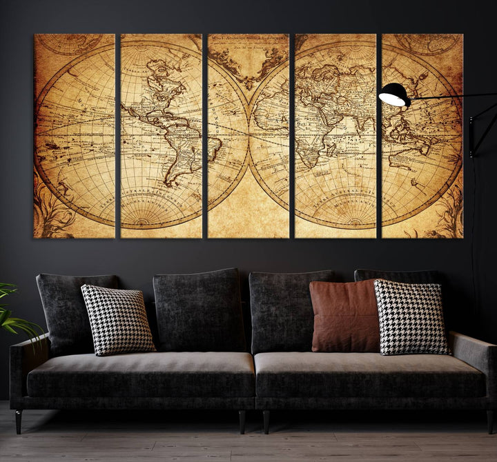 Vintage World Map Wall Art | 3-Panel Canvas Print for Living Room, Office, or Study | Giclee Canvas with Antique Design