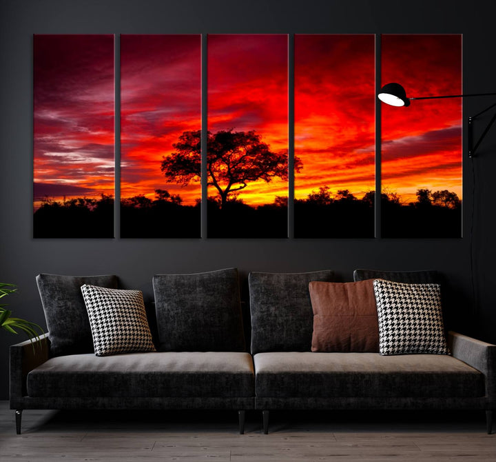 Red Sunset Landscape Artwork Printing, Forest Tree Wall Art Canvas Print