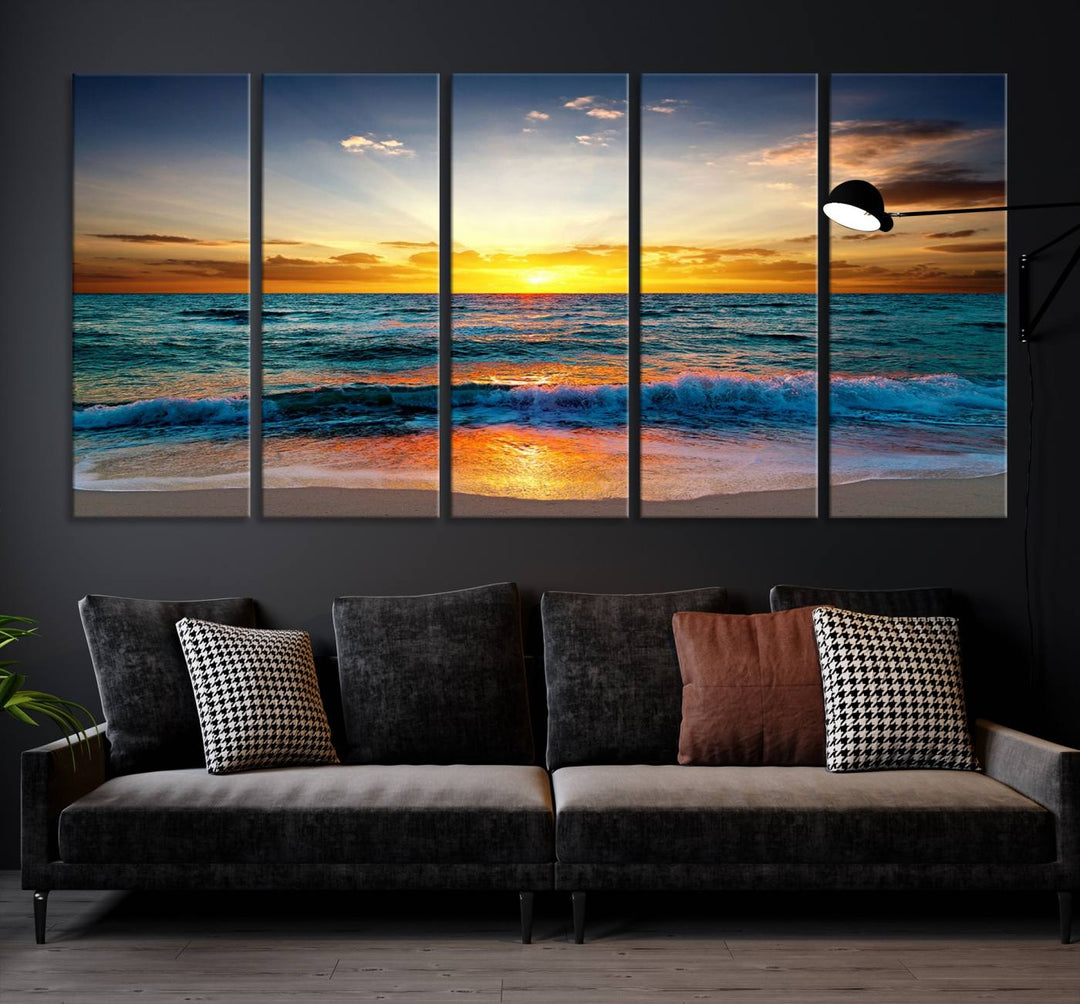 Vibrant Ocean Sunrise Over Golden Beach Waves, Giclee Canvas Wall Art Set, High-Quality Stretched Canvas Print, Ready to Hang Coastal Sunset Wall