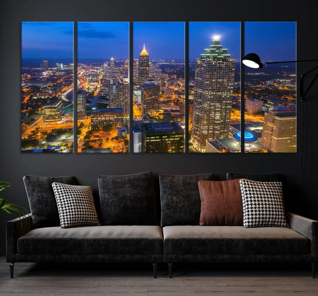 An elegant Atlanta City Blue Skyline Cityscape View Wall Art Canvas Print graces the wall, offering a sophisticated addition to your living space. Enjoy free shipping on this stylish piece.