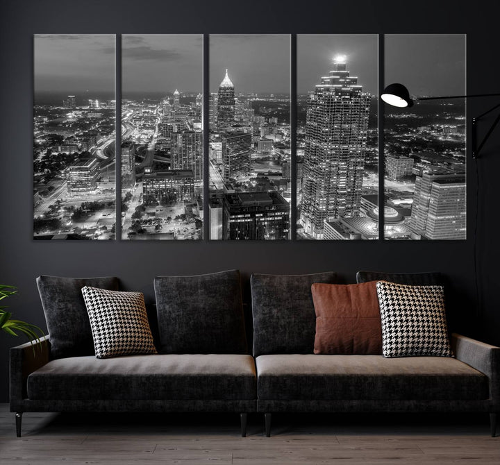 Atlanta City Skyline Art mural noir et blanc Paysage urbain Impression sur toile