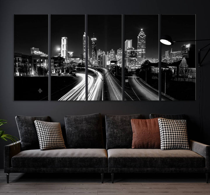 Atlanta City Lights Skyline Art mural noir et blanc Paysage urbain Impression sur toile