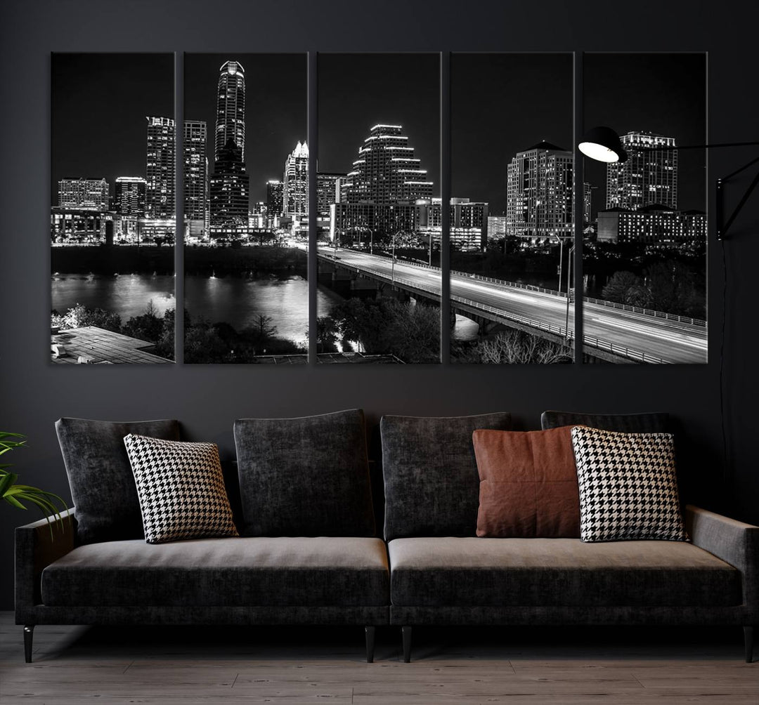 Austin City Lights Skyline Arte de pared en blanco y negro Paisaje urbano Lienzo