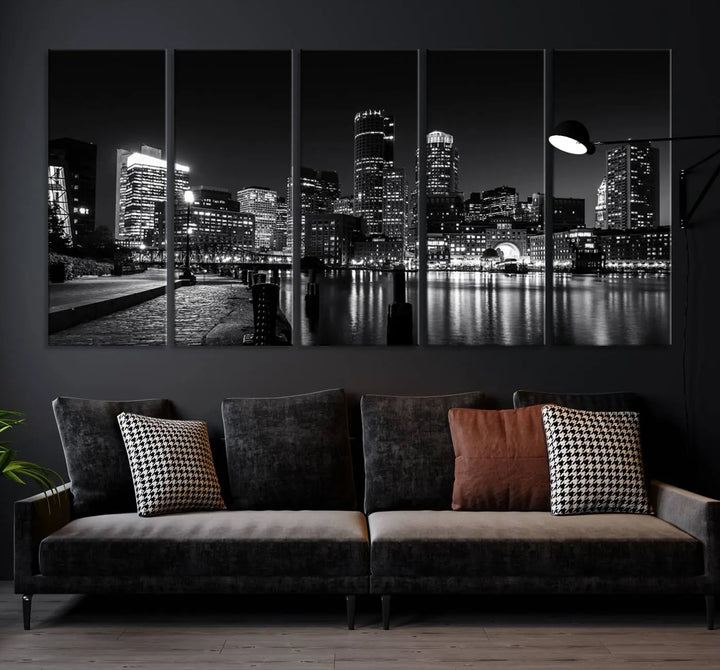 The living room showcases the Boston City Lights Skyline Black and White Wall Art Canvas Print.