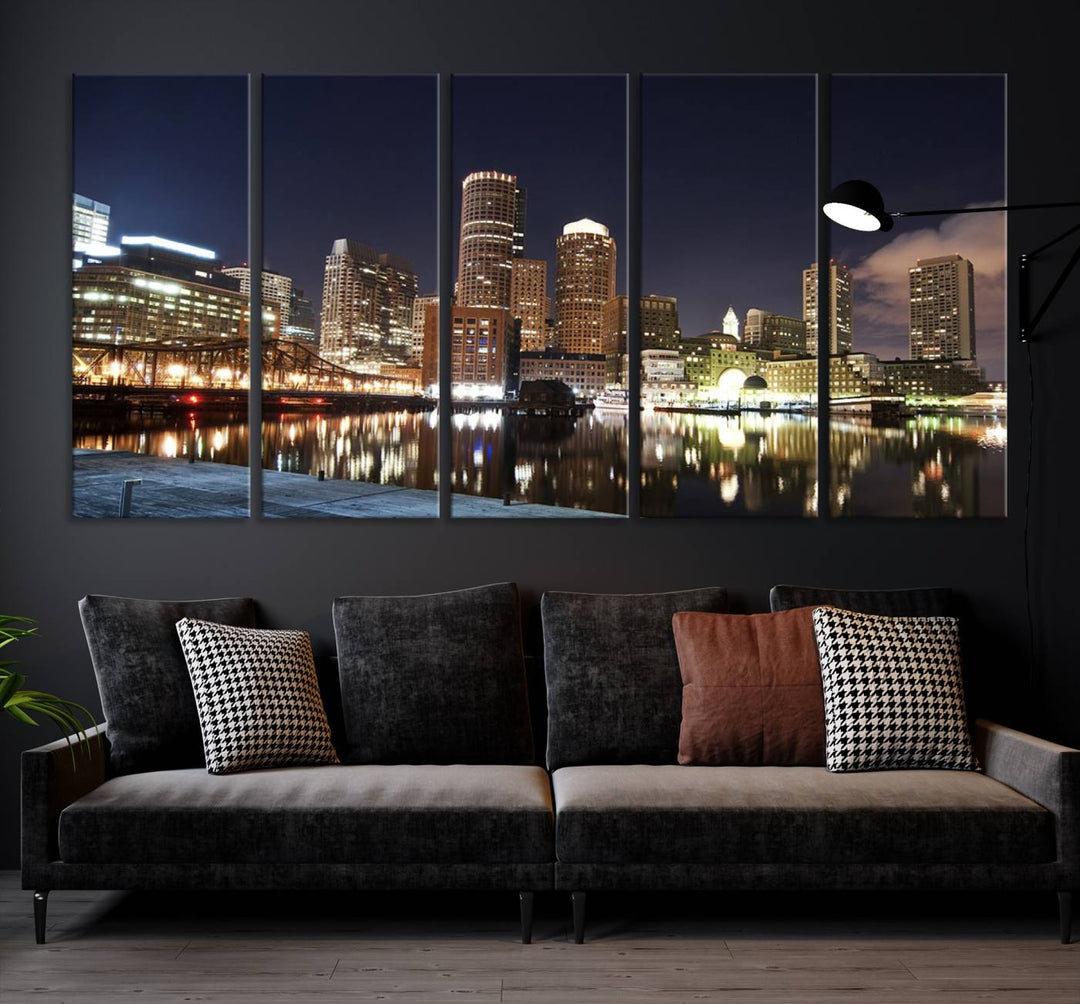 The Boston City Lights Skyline Cityscape View Wall Art Canvas Print showcases a nighttime cityscape on museum-quality canvas.