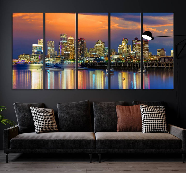 Boston City Night Blue and Orange Skyline Cityscape View Wall Art Canvas Print 