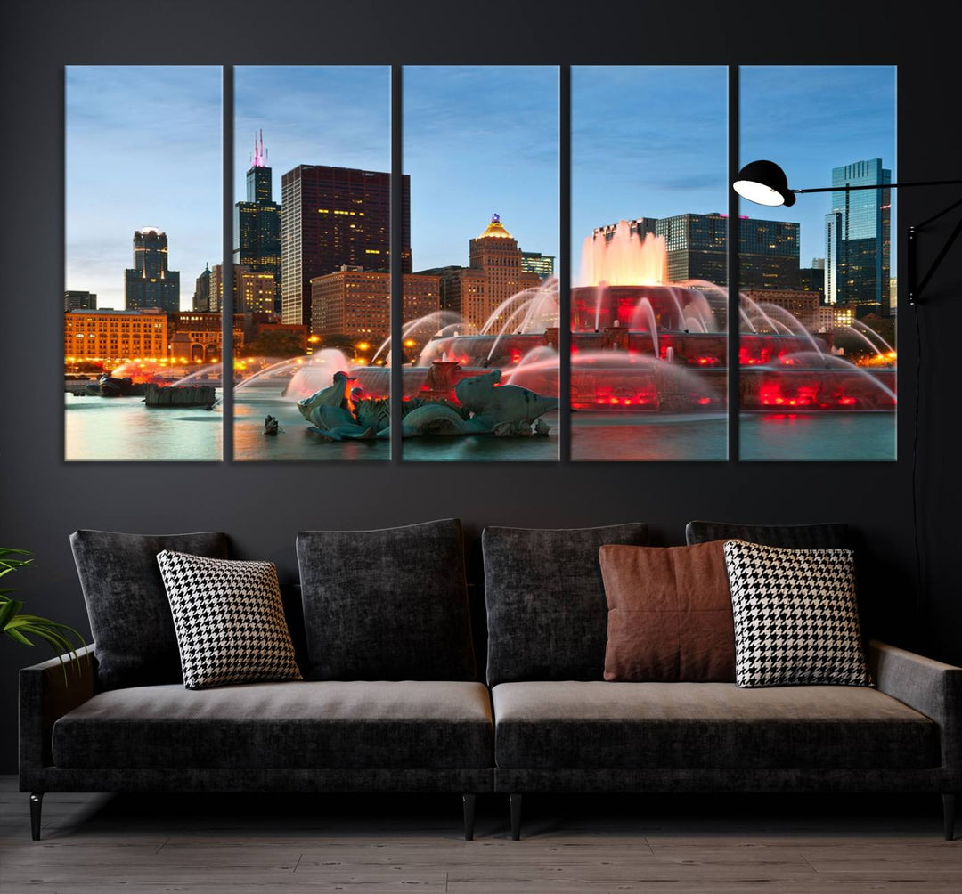 Chicago City Lights Night Skyline Cityscape View Wall Art Canvas Print