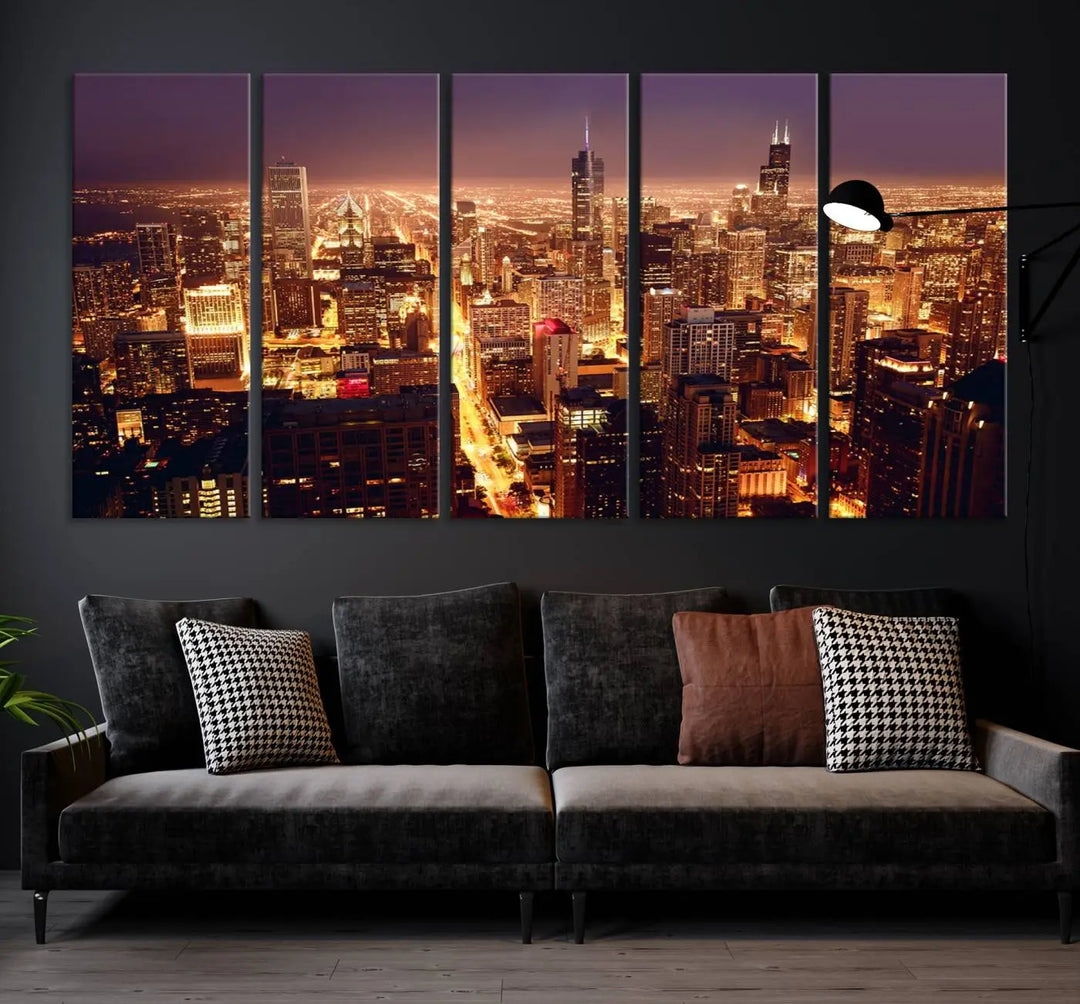 A large artwork showcasing the Chicago Night Skyline cityscape is elegantly displayed on a gallery-wrapped, museum-quality canvas.