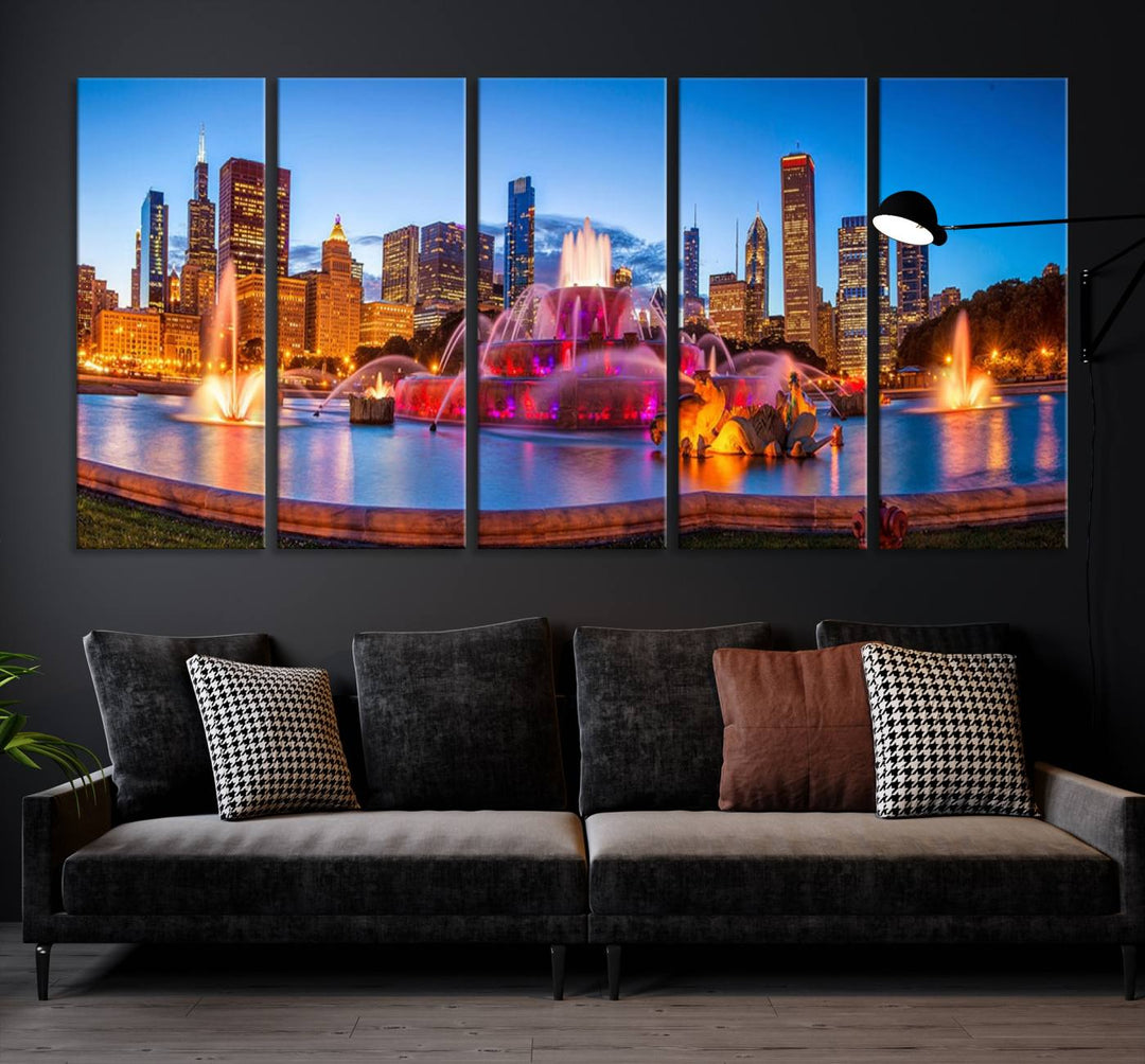 Chicago City Colorful Lights Night Skyline Cityscape View Wall Art Canvas Print