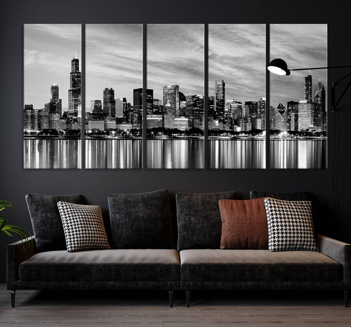 Chicago City Cloudy Skyline Black and White Wall Art Cityscape Canvas Print