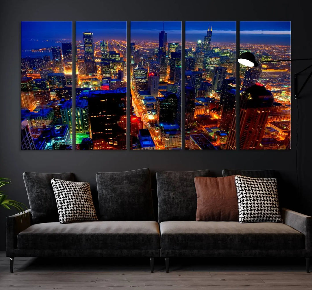 The "Chicago Night Skyline Wall Art" on museum-quality canvas adds long-lasting appeal to the living room.