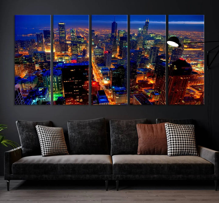 The "Chicago Night Skyline Wall Art" on museum-quality canvas adds long-lasting appeal to the living room.