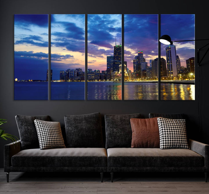 Chicago City Lights Nuit Nuageux Bleu Skyline Cityscape View Wall Art Impression sur toile