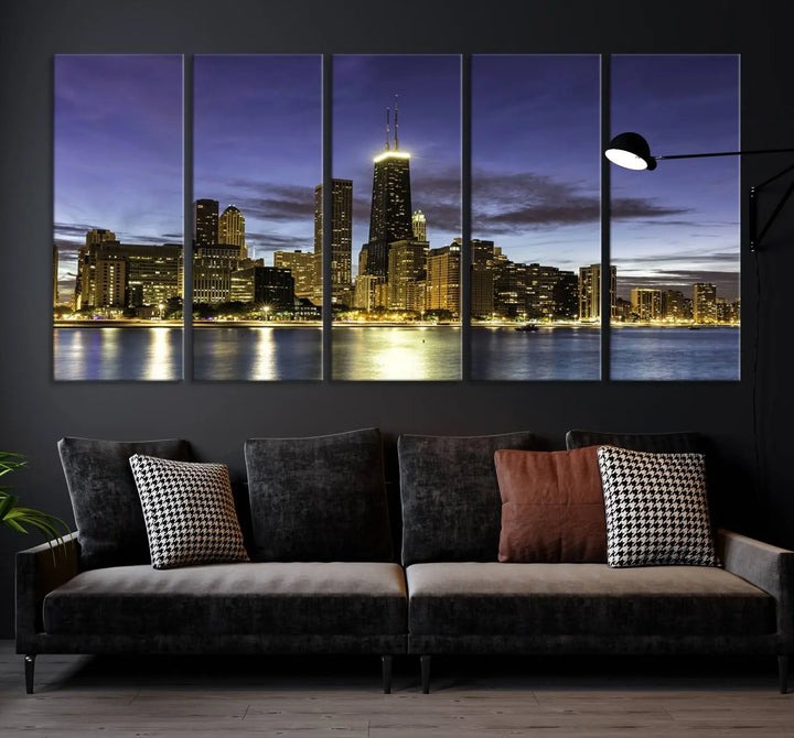 Chicago Night Skyline Cityscape Canvas Picture Print is a stunning three-panel wall art piece, perfect for adding sophistication to any setting. Crafted by professional artisans, this artwork features museum-quality canvases designed to enhance your space. Enjoy free shipping with your purchase.