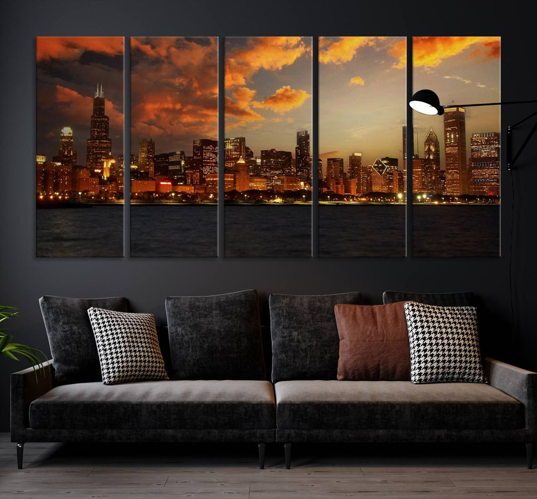 Chicago City Lights Sunset Orange Cloudy Skyline Cityscape View Wall Art Canvas Print