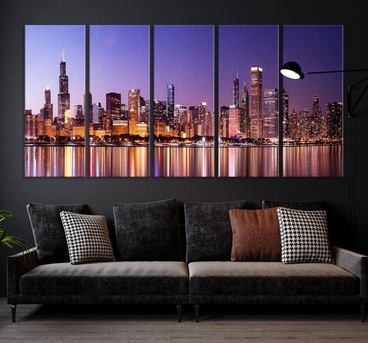 Chicago City Lights Night Purple Skyline Cityscape View Wall Art Canvas Print